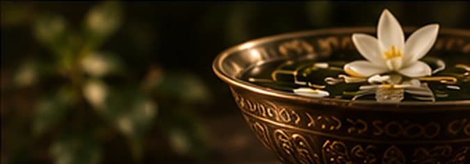 A carved brass bowl holding water and a single white frangipani flower