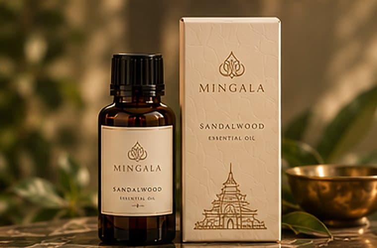 An amber bottle of MINGALA sandalwood oil beside its ivory box and a brass bowl