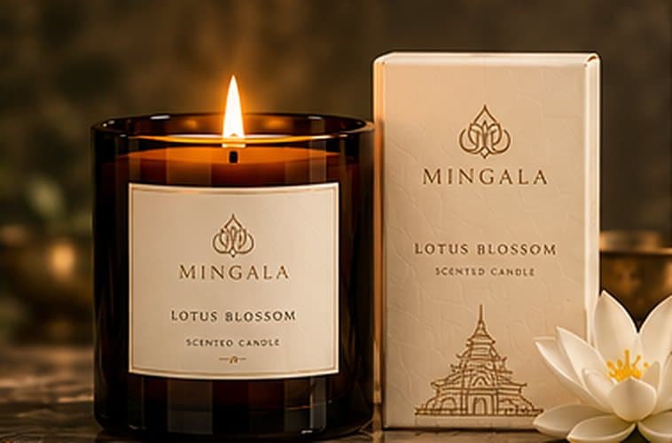 A lit MINGALA Lotus Blossom candle in an amber glass beside its ivory box and a white lotus