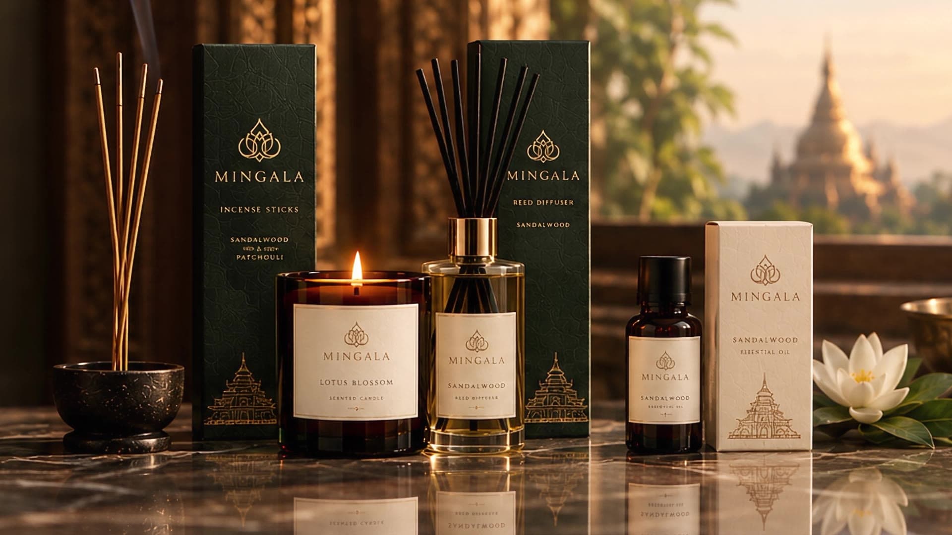 MINGALA incense sticks with rising smoke, a lit Lotus Blossom candle, a reed diffuser and sandalwood oil on a marble ledge, with a golden pagoda at sunset beyond
