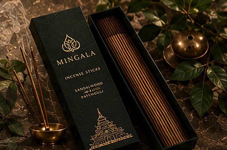 A dark green box of MINGALA incense sticks beside a brass holder and green leaves