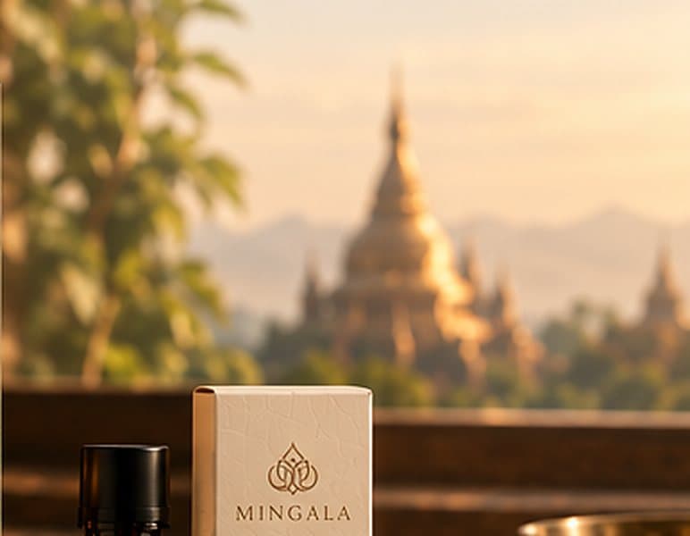 A golden pagoda at sunset seen through a window, with leaves in the foreground